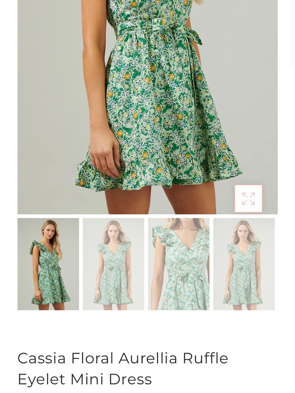 Sugarlips Green Floral Ruffle Eyelet Mini Dress with Yellow Accents - Picture 3 of 7
